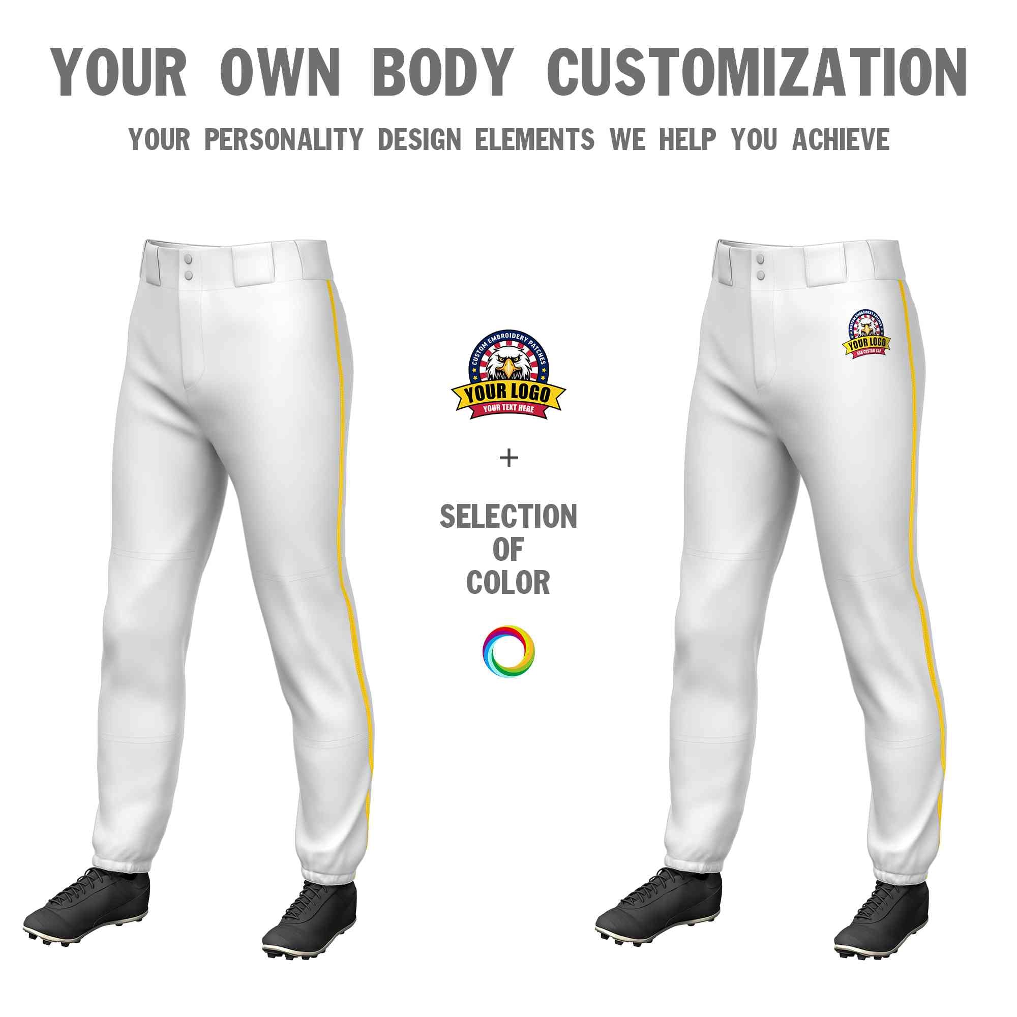 Custom White Gold Classic Fit Stretch Practice Pull-up Baseball Pants