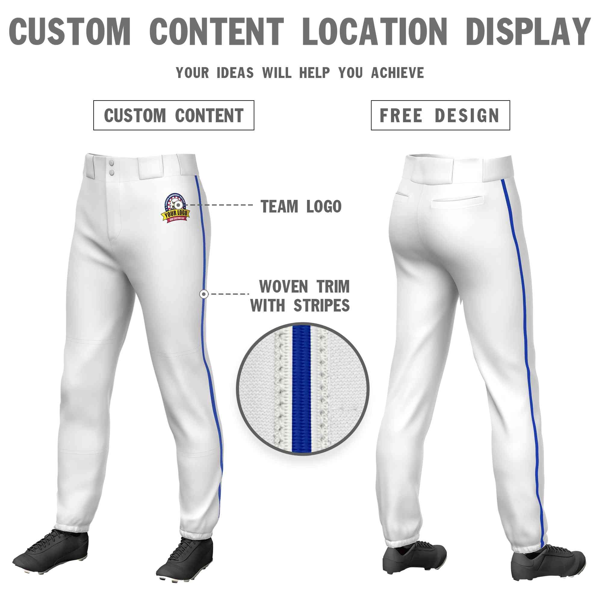 Custom White Royal Classic Fit Stretch Practice Pull-up Baseball Pants