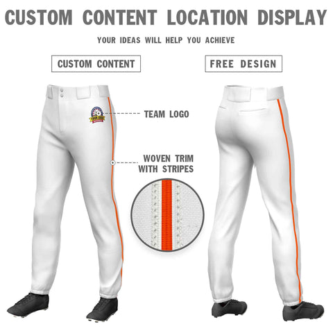 Custom White Orange Classic Fit Stretch Practice Pull-up Baseball Pants