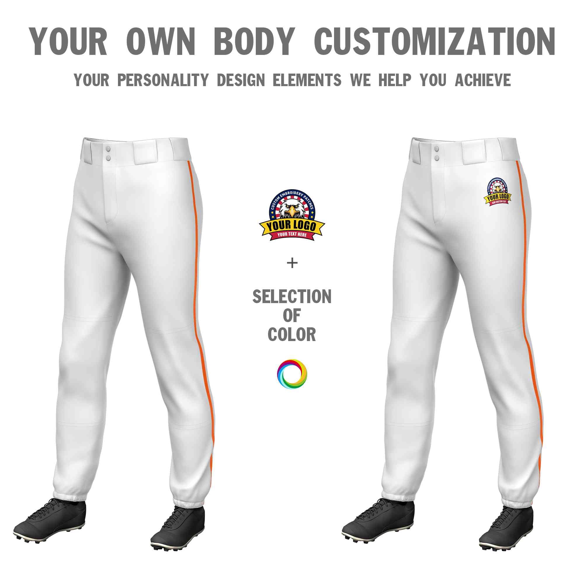 Custom White Orange Classic Fit Stretch Practice Pull-up Baseball Pants