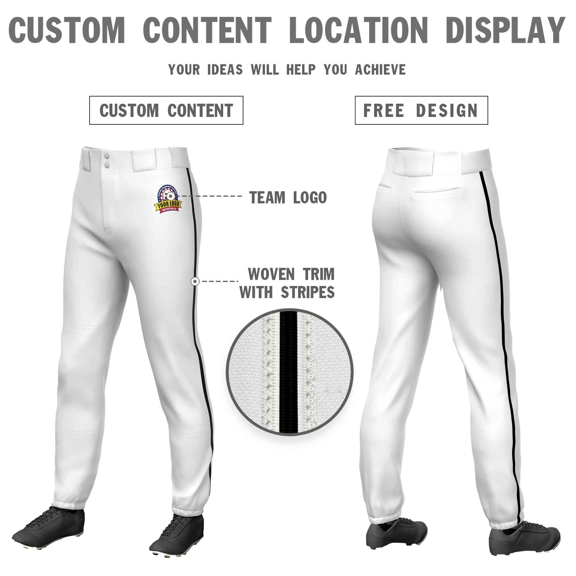 Custom White Black Classic Fit Stretch Practice Pull-up Baseball Pants