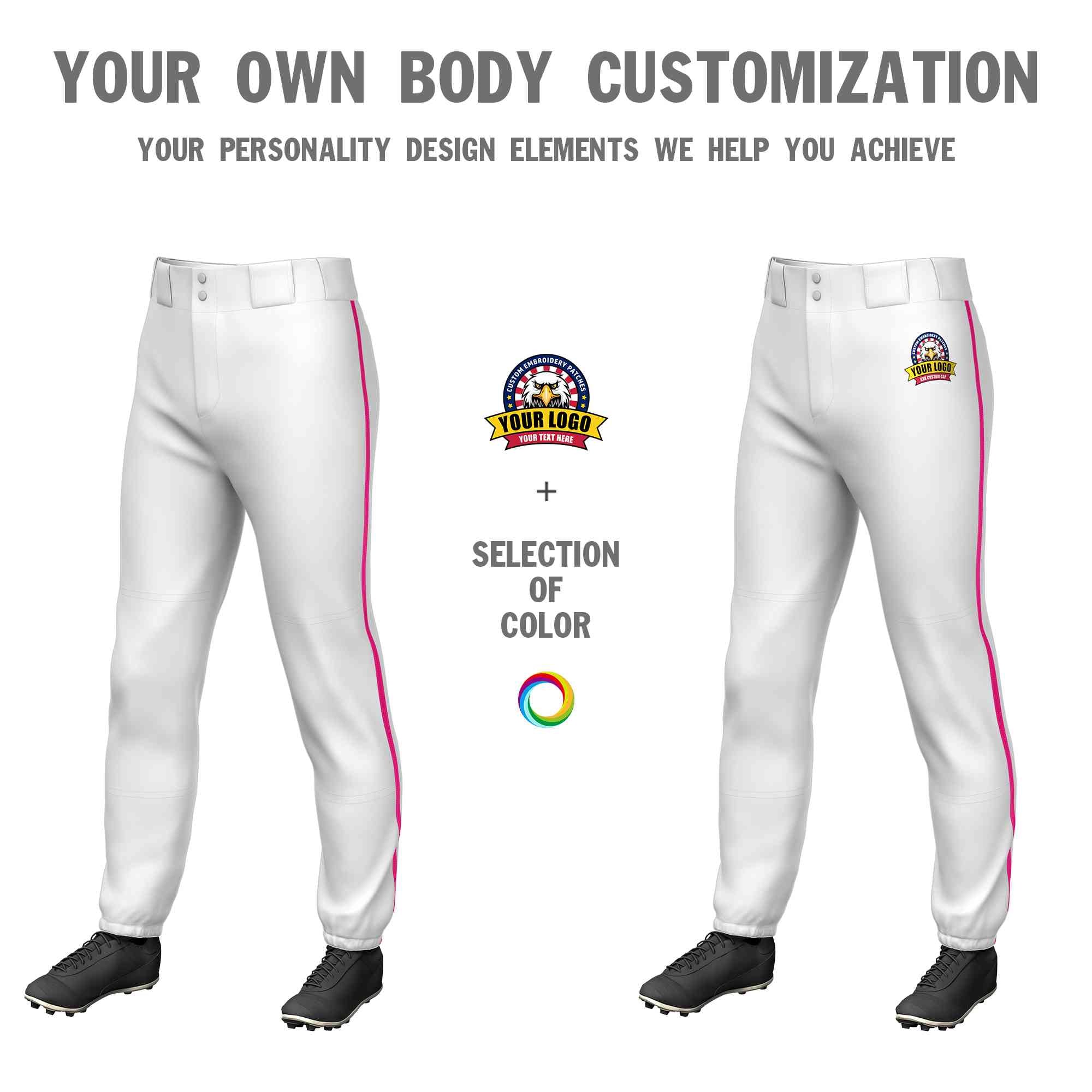 Custom White Pink Classic Fit Stretch Practice Pull-up Baseball Pants