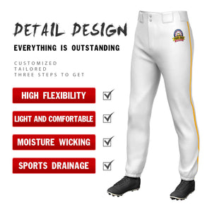 Custom White Yellow Classic Fit Stretch Practice Pull-up Baseball Pants