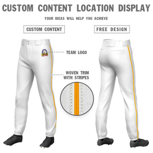 Custom White Yellow Classic Fit Stretch Practice Pull-up Baseball Pants