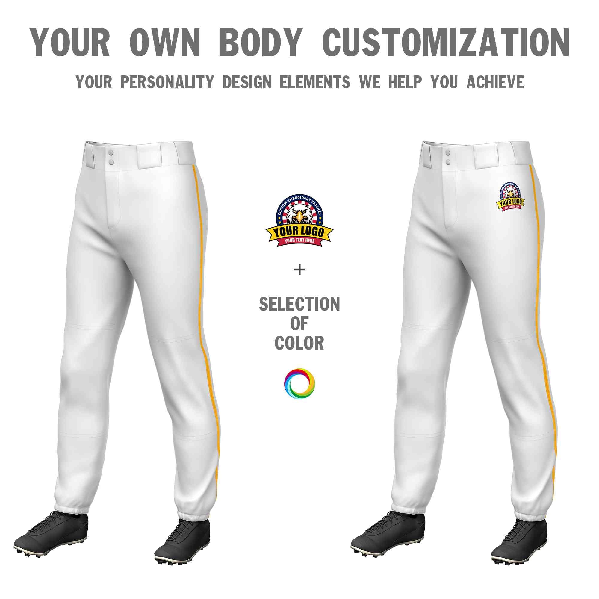 Custom White Yellow Classic Fit Stretch Practice Pull-up Baseball Pants