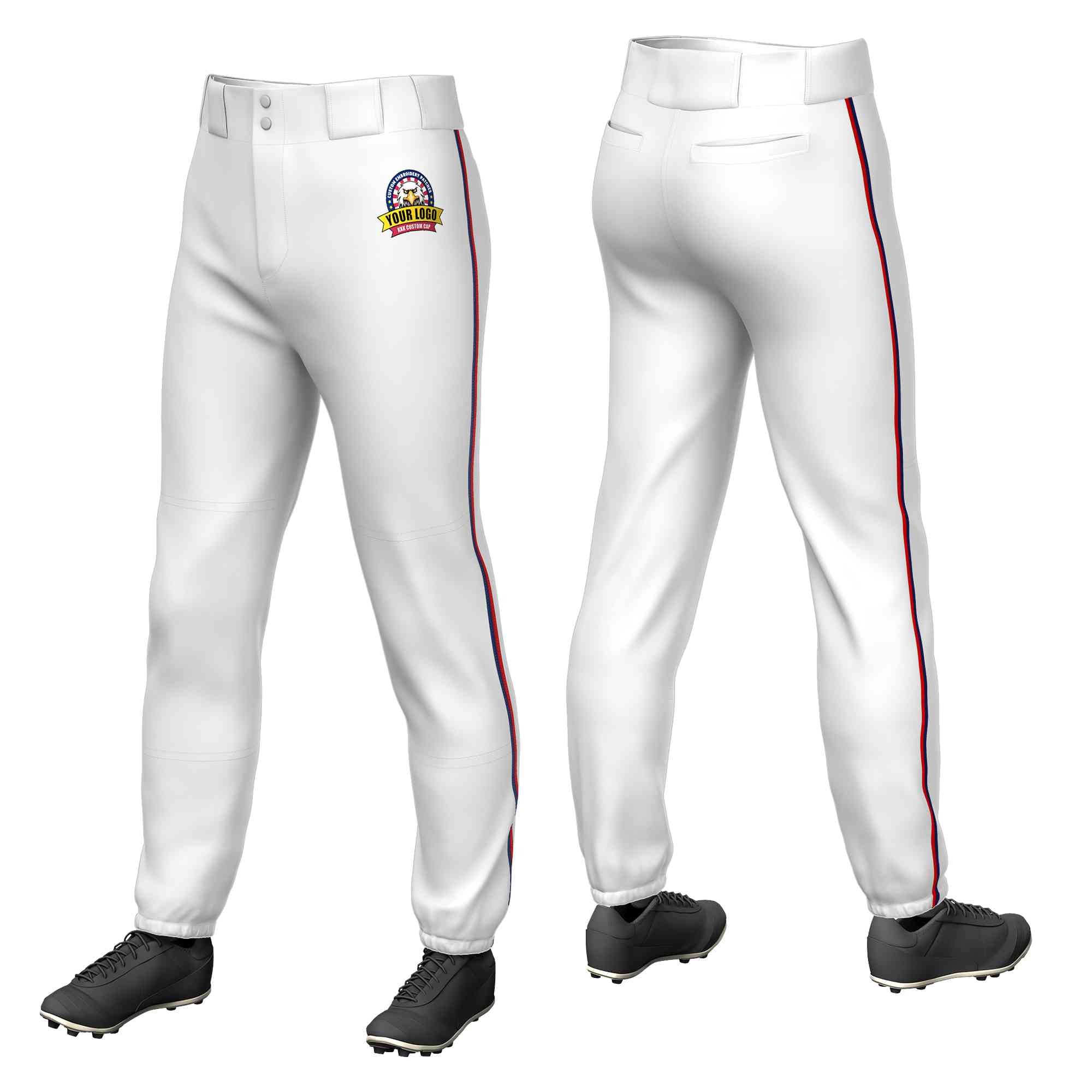 Pantalon de baseball pull-up extensible, coupe classique, blanc, bleu marine et rouge personnalisé