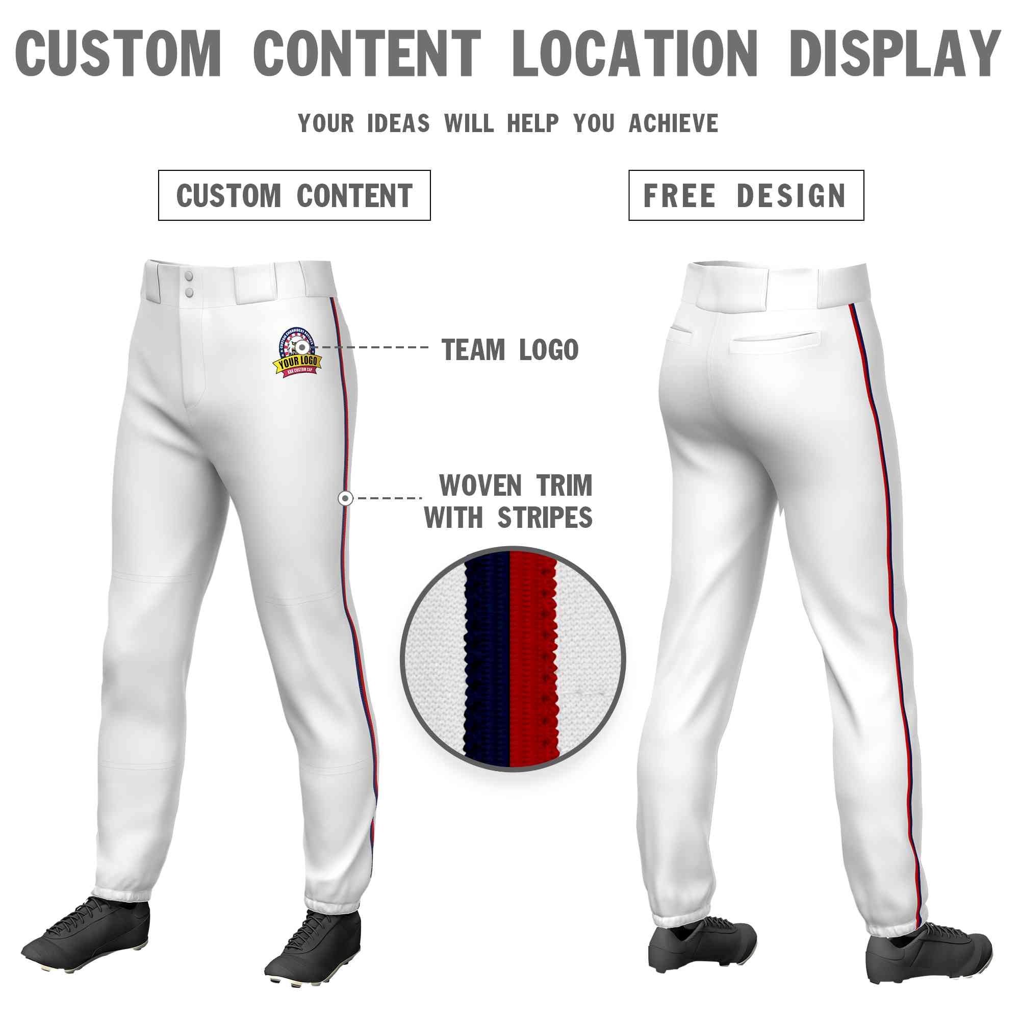 Pantalon de baseball pull-up extensible, coupe classique, blanc, bleu marine et rouge personnalisé