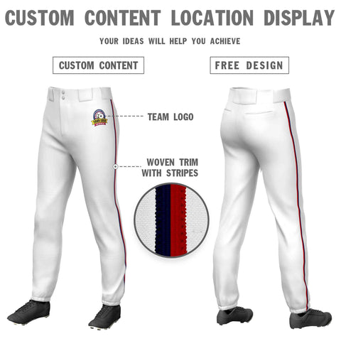 Custom White Navy-Red Classic Fit Stretch Practice Pull-up Baseball Pants