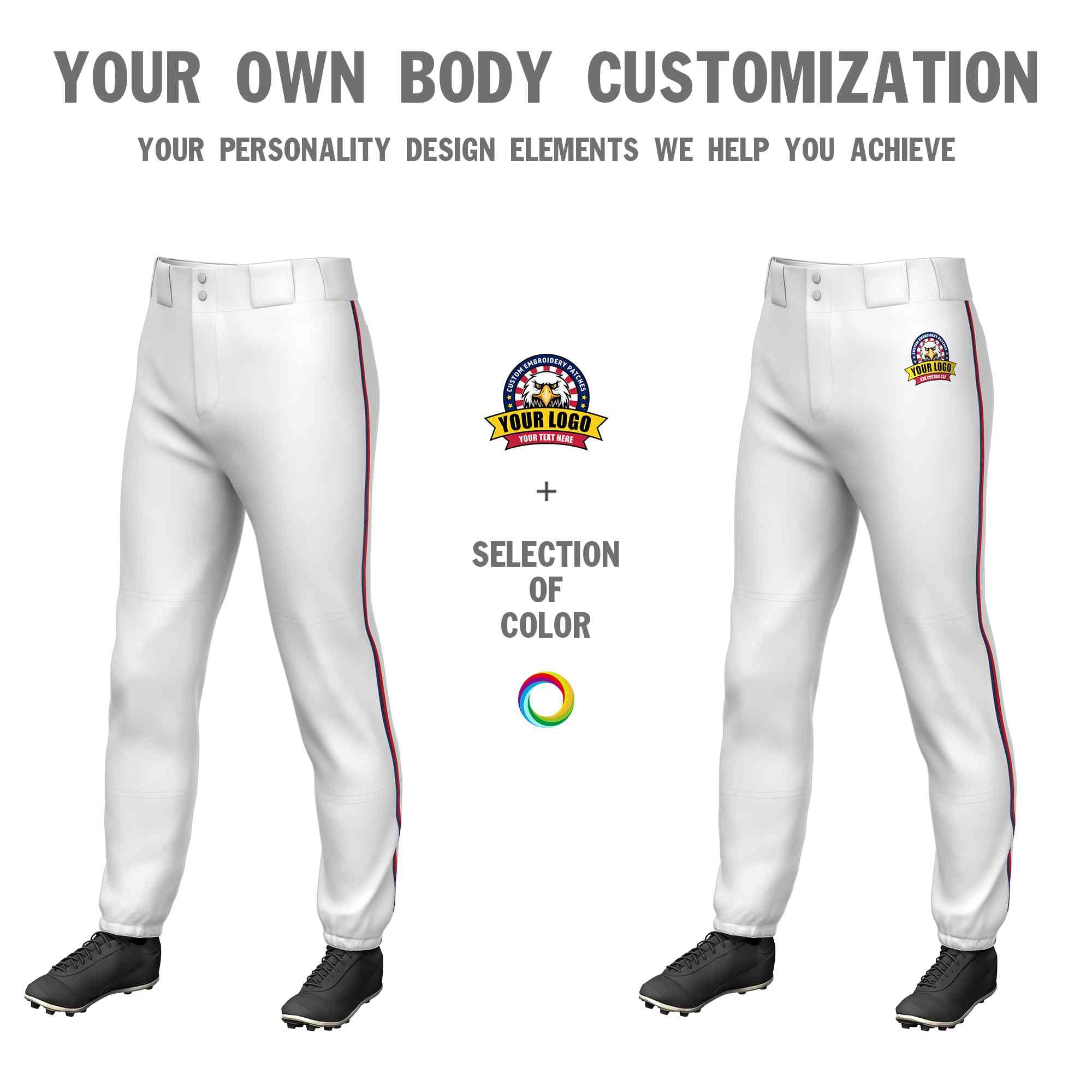 Pantalon de baseball pull-up extensible, coupe classique, blanc, bleu marine et rouge personnalisé