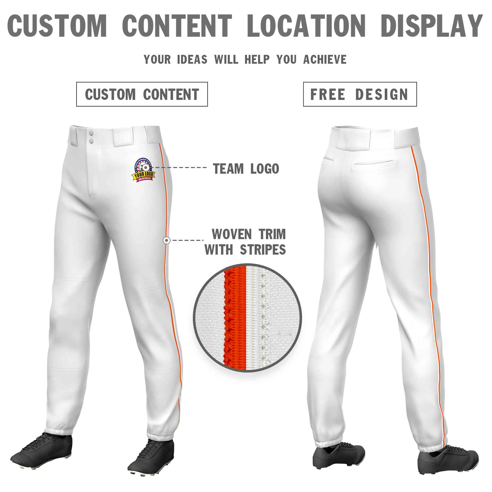 Custom White Orange-White Classic Fit Stretch Practice Pull-up Baseball Pants