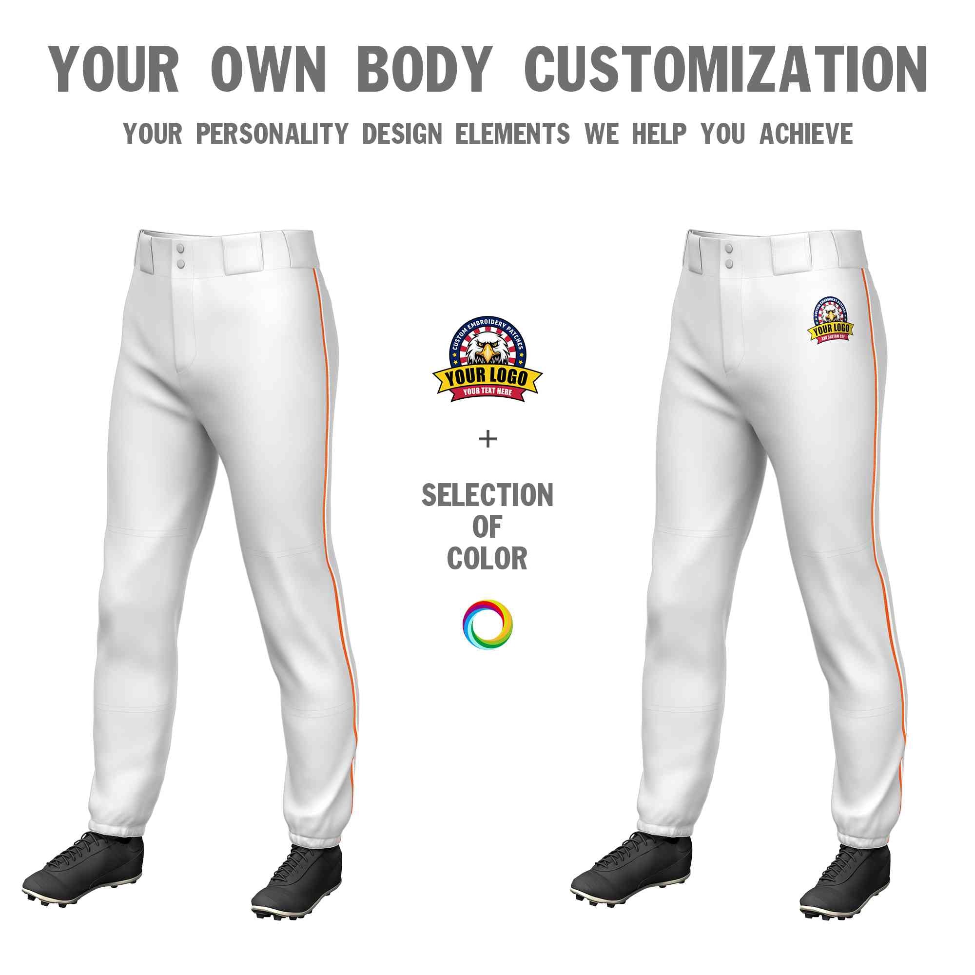 Custom White Orange-White Classic Fit Stretch Practice Pull-up Baseball Pants