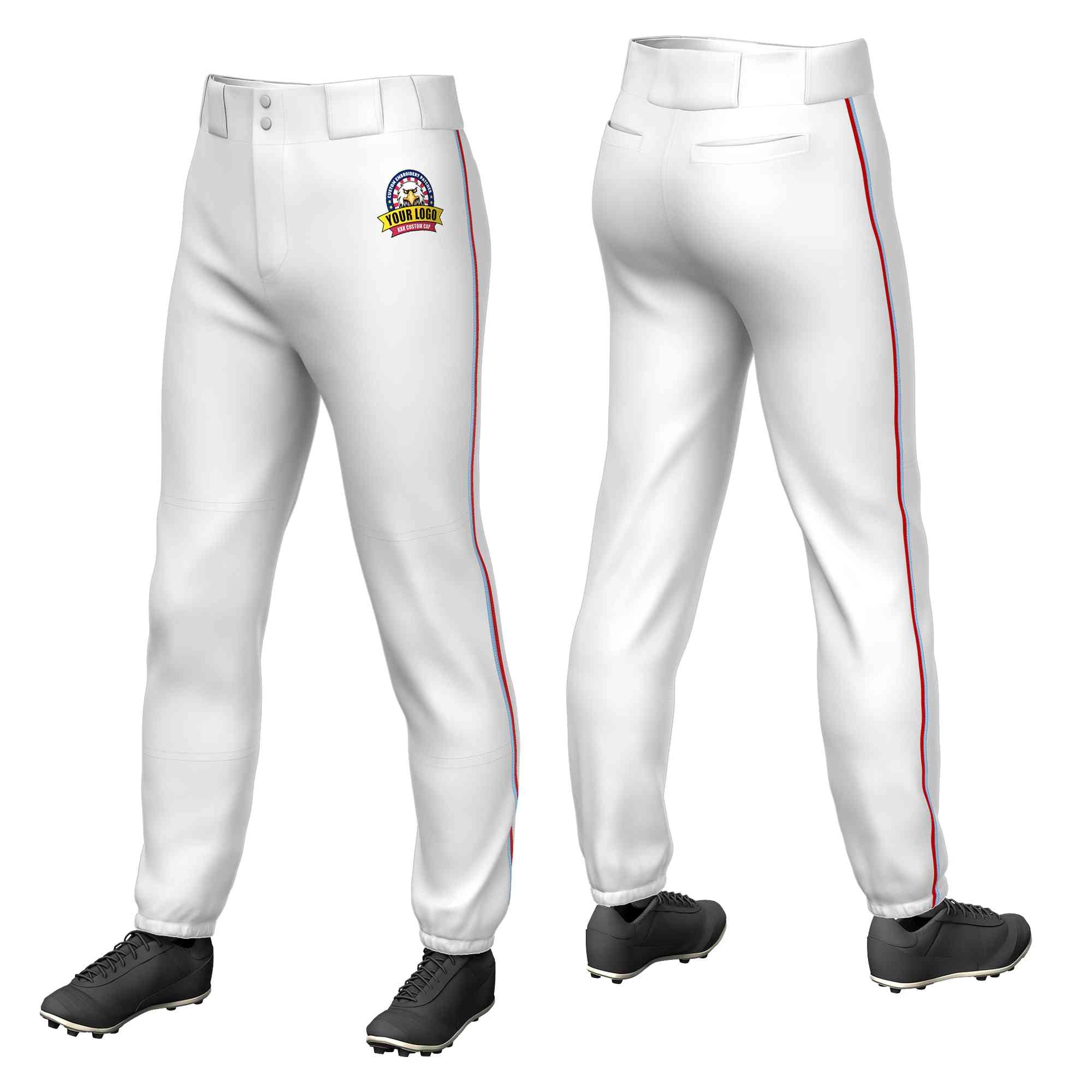 Custom White Light Blue-Red Classic Fit Stretch Practice Pull-up Baseball Pants