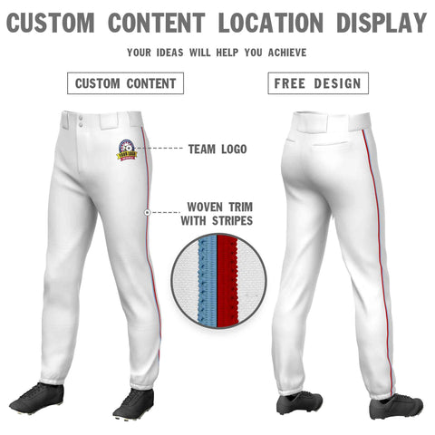 Custom White Light Blue-Red Classic Fit Stretch Practice Pull-up Baseball Pants