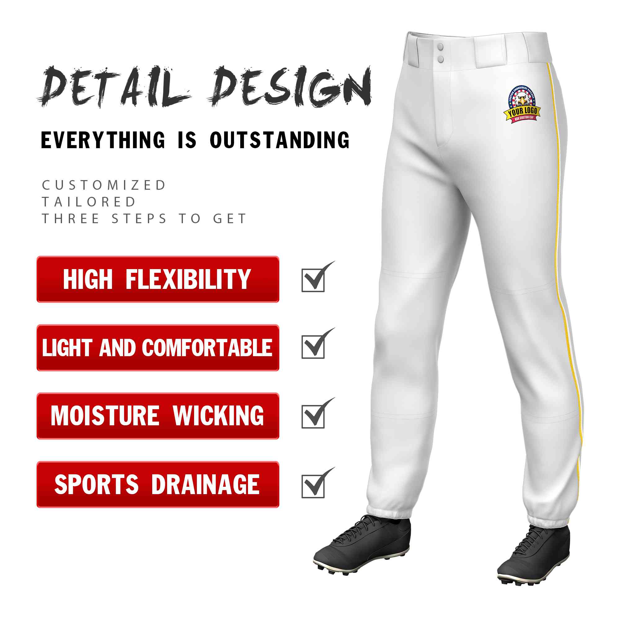 Pantalon de baseball pull-up extensible coupe classique personnalisé blanc or-blanc