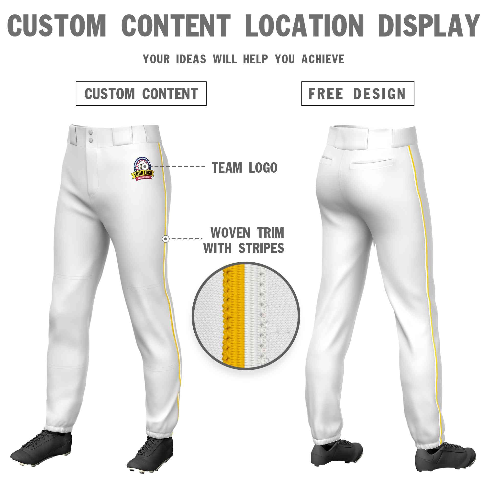 Custom White Gold-White Classic Fit Stretch Practice Pull-up Baseball Pants