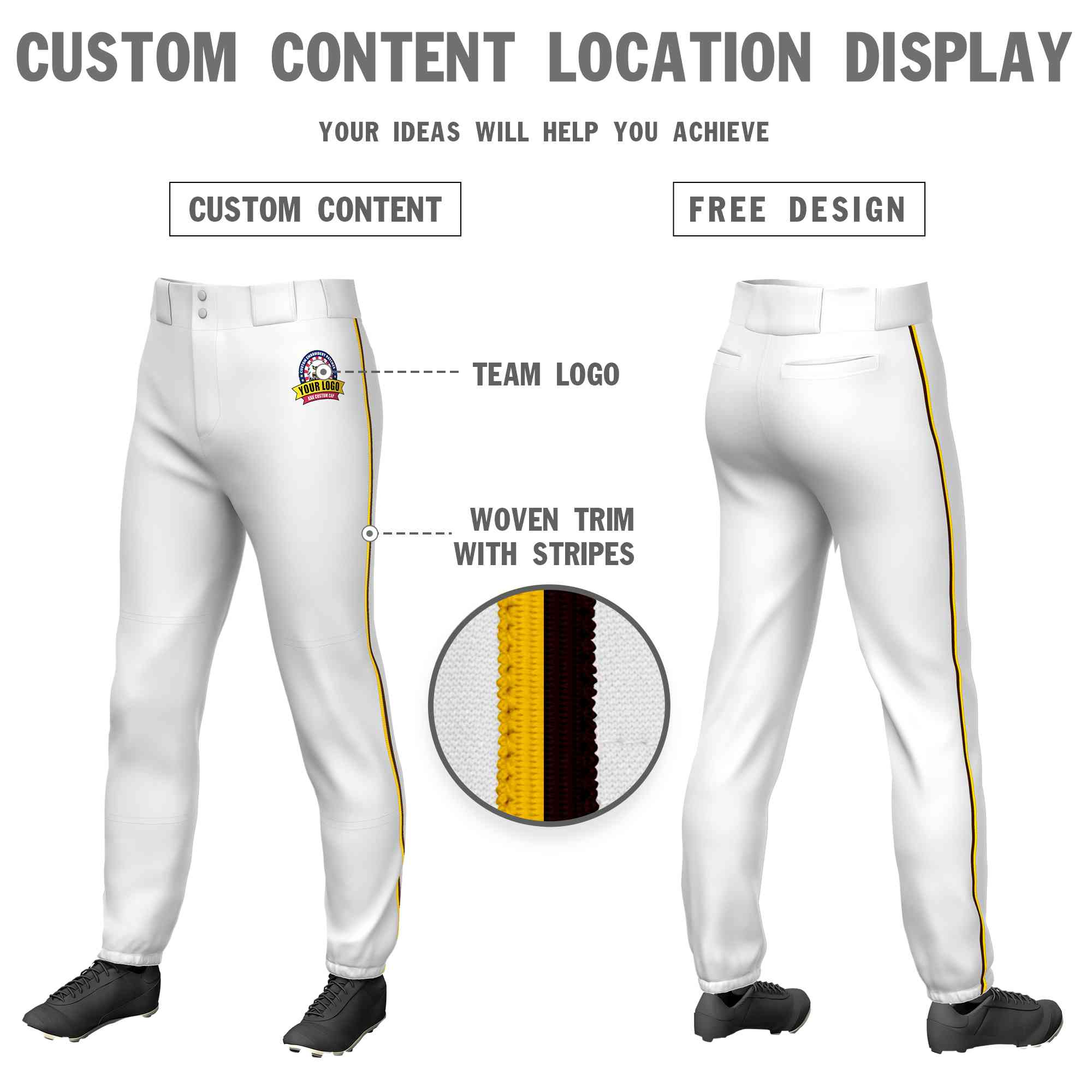 Custom White Gold-Brown Classic Fit Stretch Practice Pull-up Baseball Pants