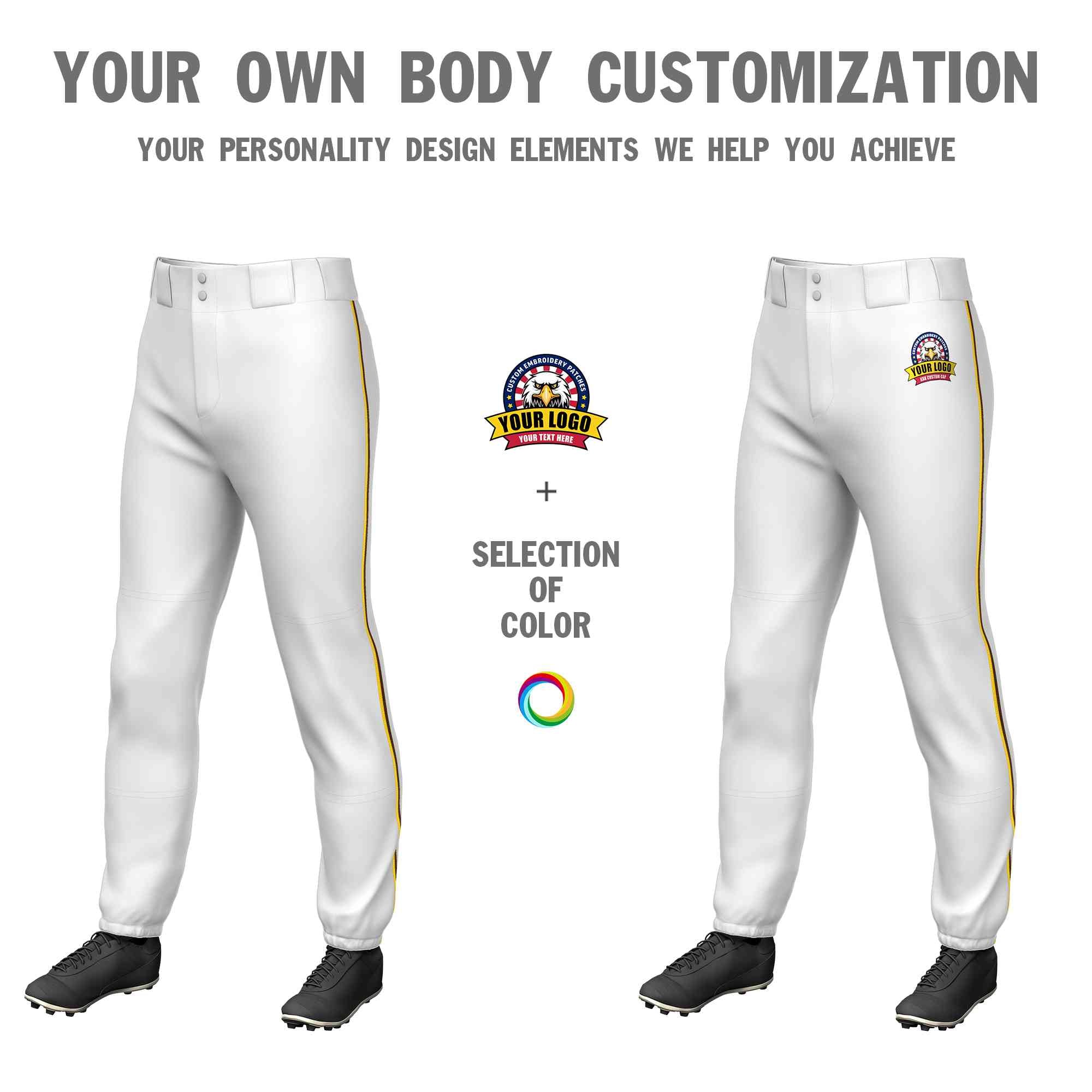 Custom White Gold-Brown Classic Fit Stretch Practice Pull-up Baseball Pants