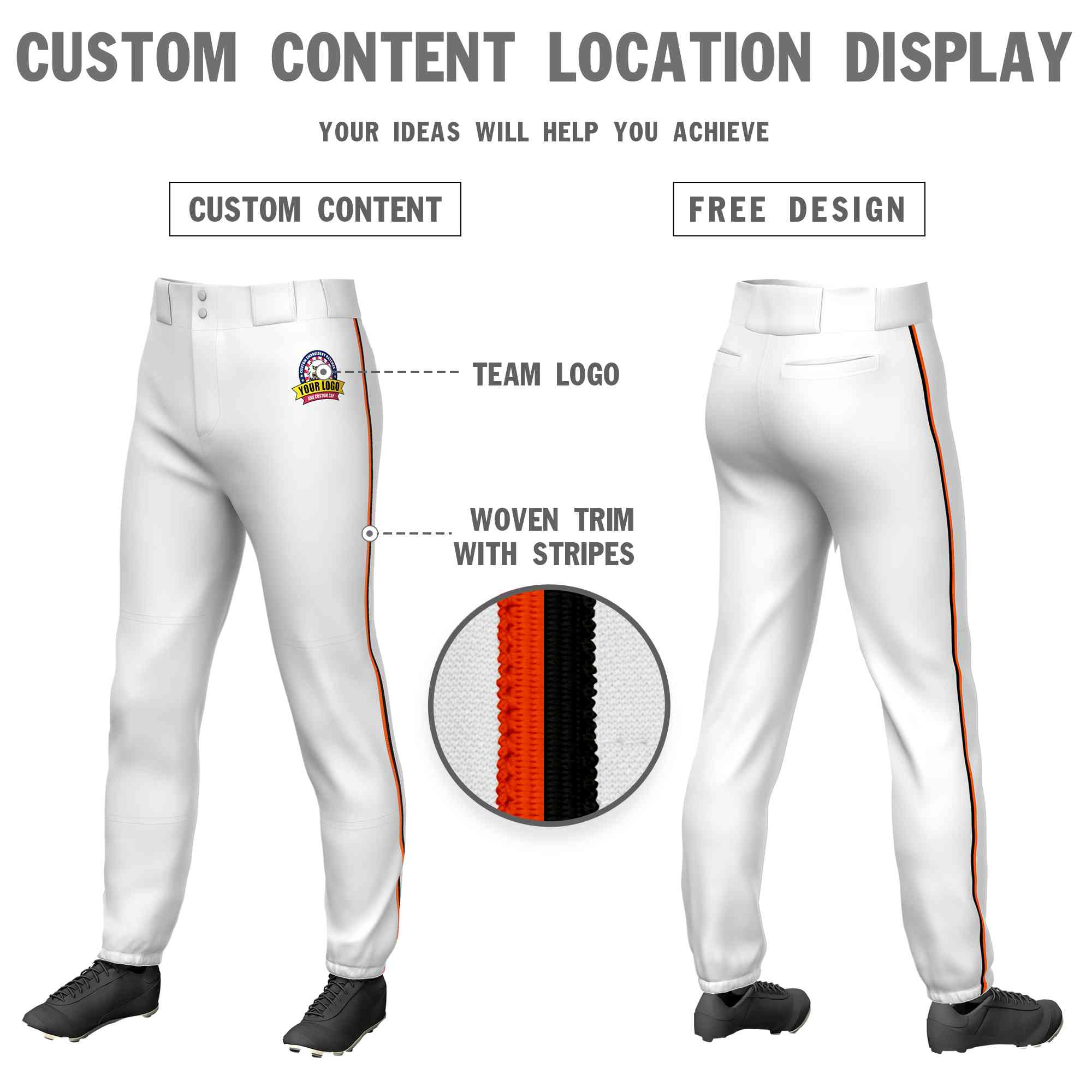 Pantalon de baseball pull-up extensible, coupe classique, personnalisé, blanc, orange-noir