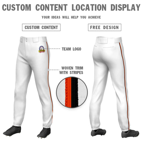 Custom White Orange-Black Classic Fit Stretch Practice Pull-up Baseball Pants