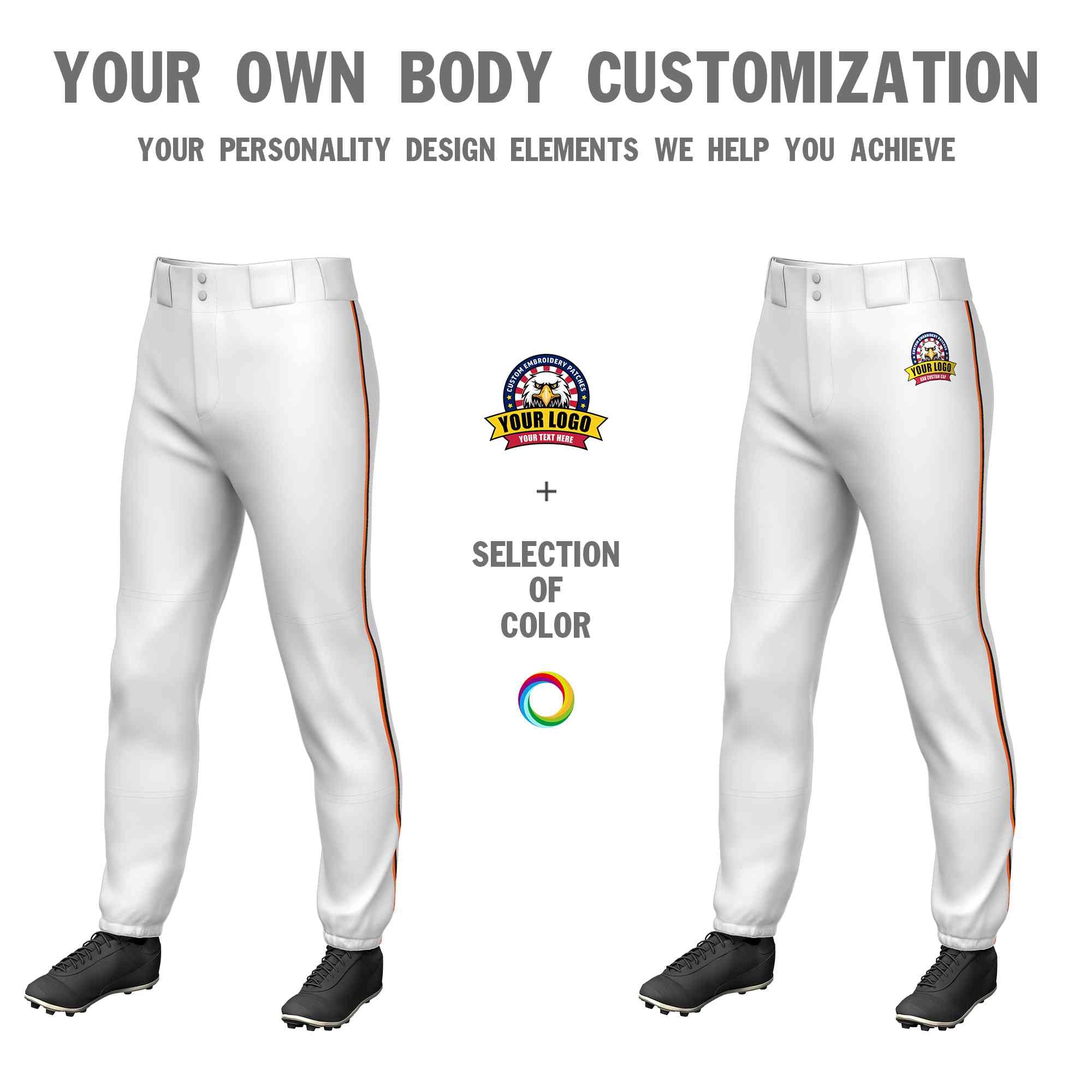 Pantalon de baseball pull-up extensible, coupe classique, personnalisé, blanc, orange-noir