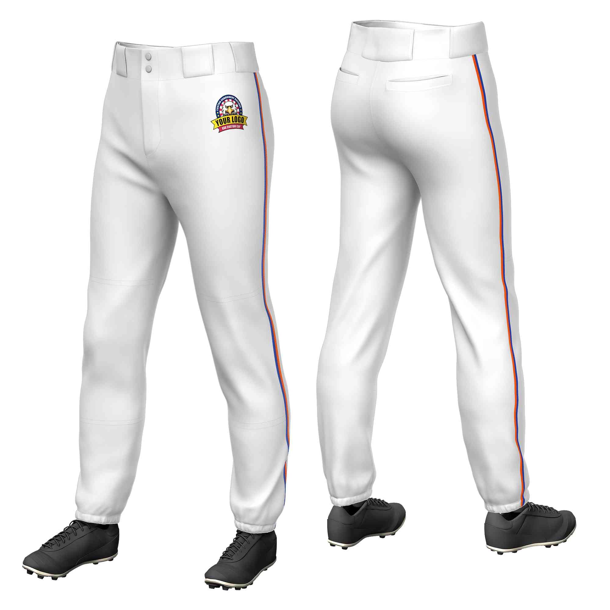 Custom White Royal-Orange Classic Fit Stretch Practice Pull-up Baseball Pants