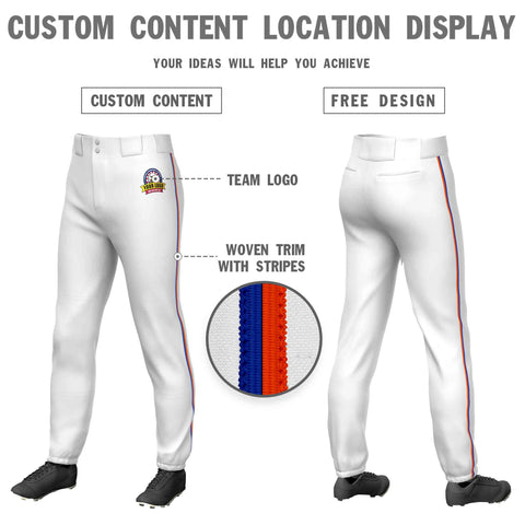 Custom White Royal-Orange Classic Fit Stretch Practice Pull-up Baseball Pants