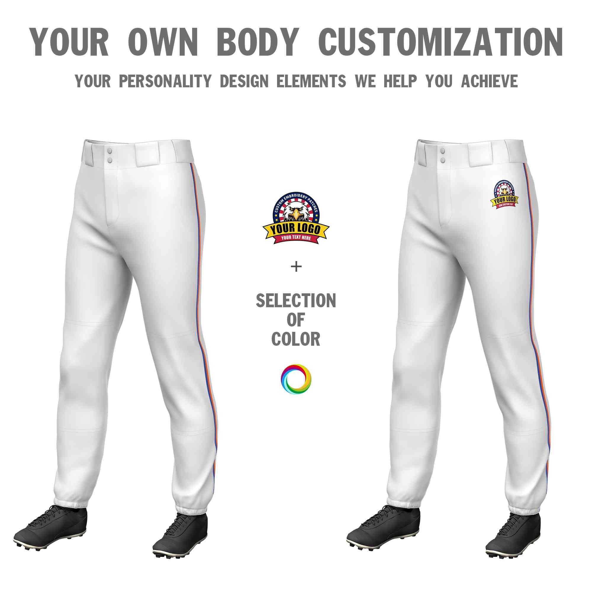 Custom White Royal-Orange Classic Fit Stretch Practice Pull-up Baseball Pants