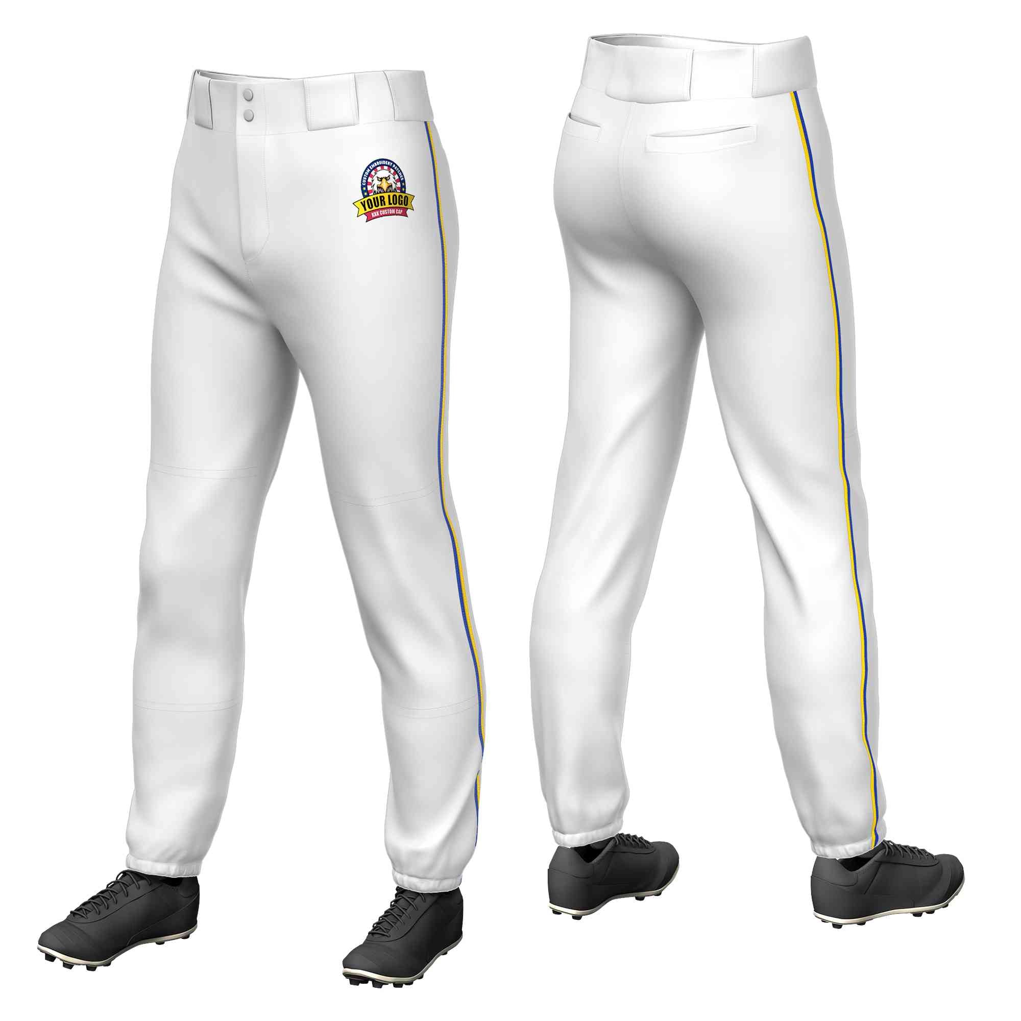 Custom White Royal-Gold Classic Fit Stretch Practice Pull-up Baseball Pants