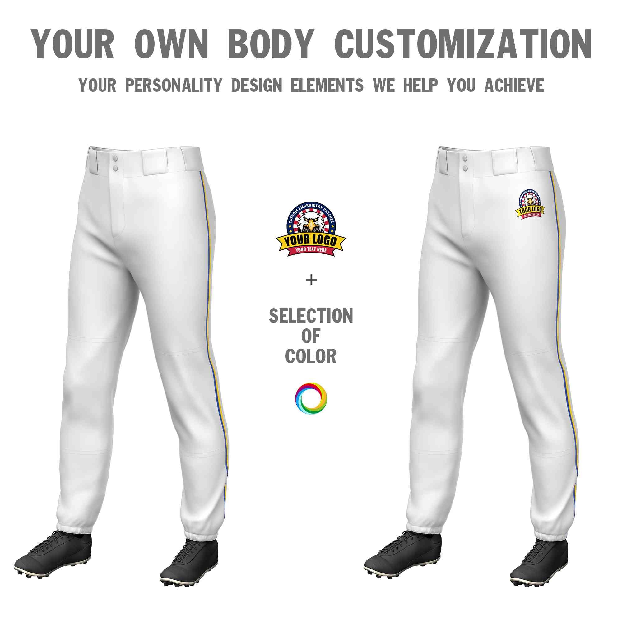 Custom White Royal-Gold Classic Fit Stretch Practice Pull-up Baseball Pants