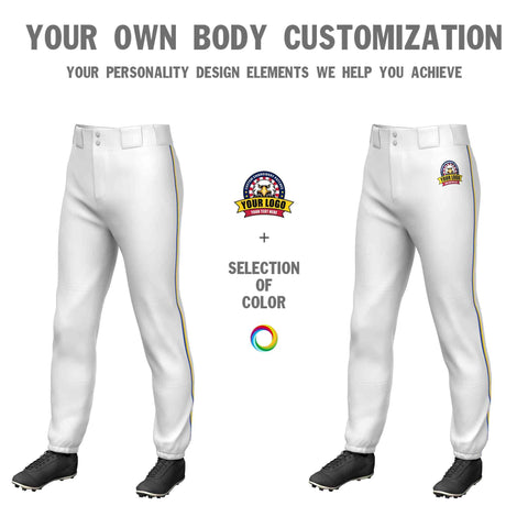 Custom White Royal-Gold Classic Fit Stretch Practice Pull-up Baseball Pants