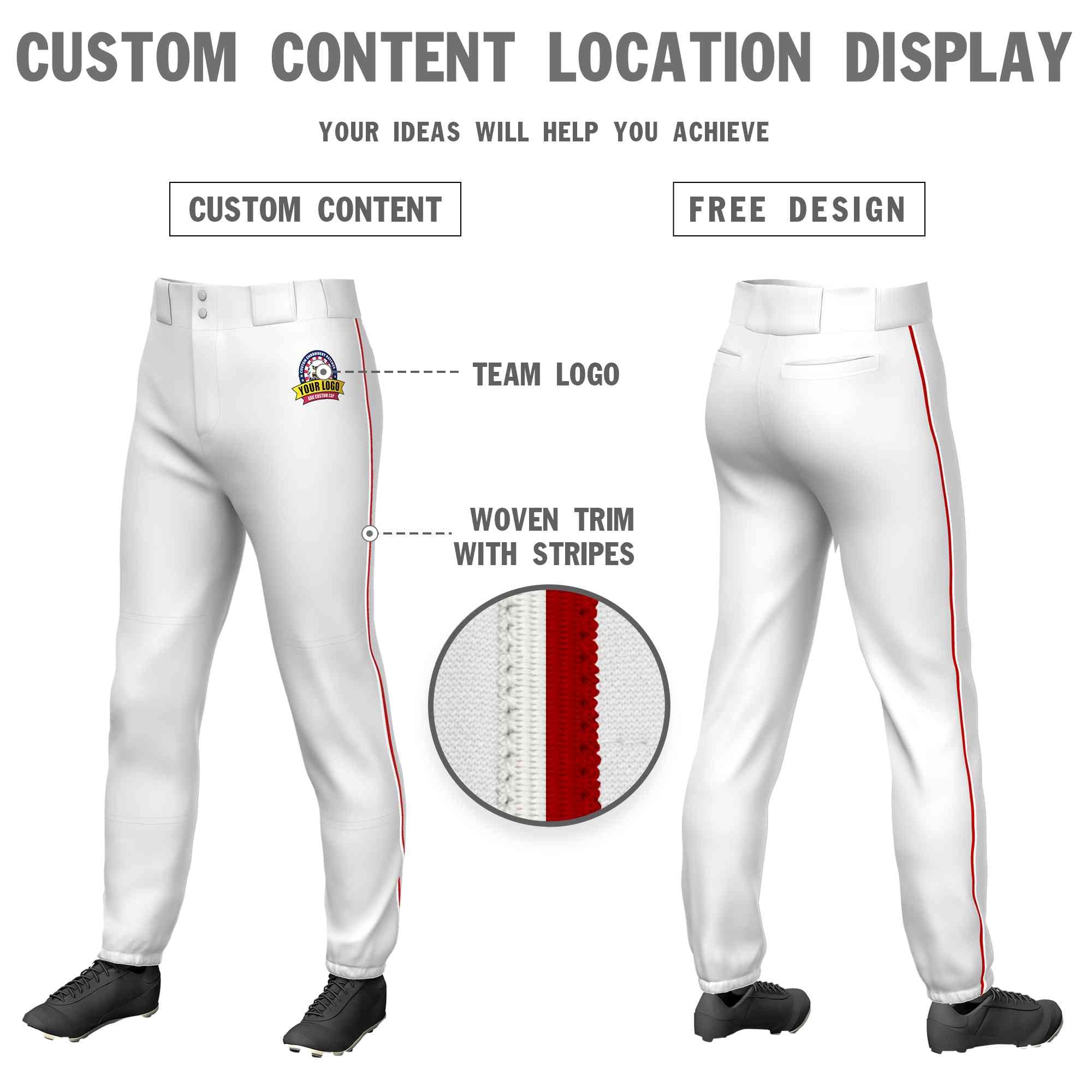 Custom White White-Red Classic Fit Stretch Practice Pull-up Baseball Pants