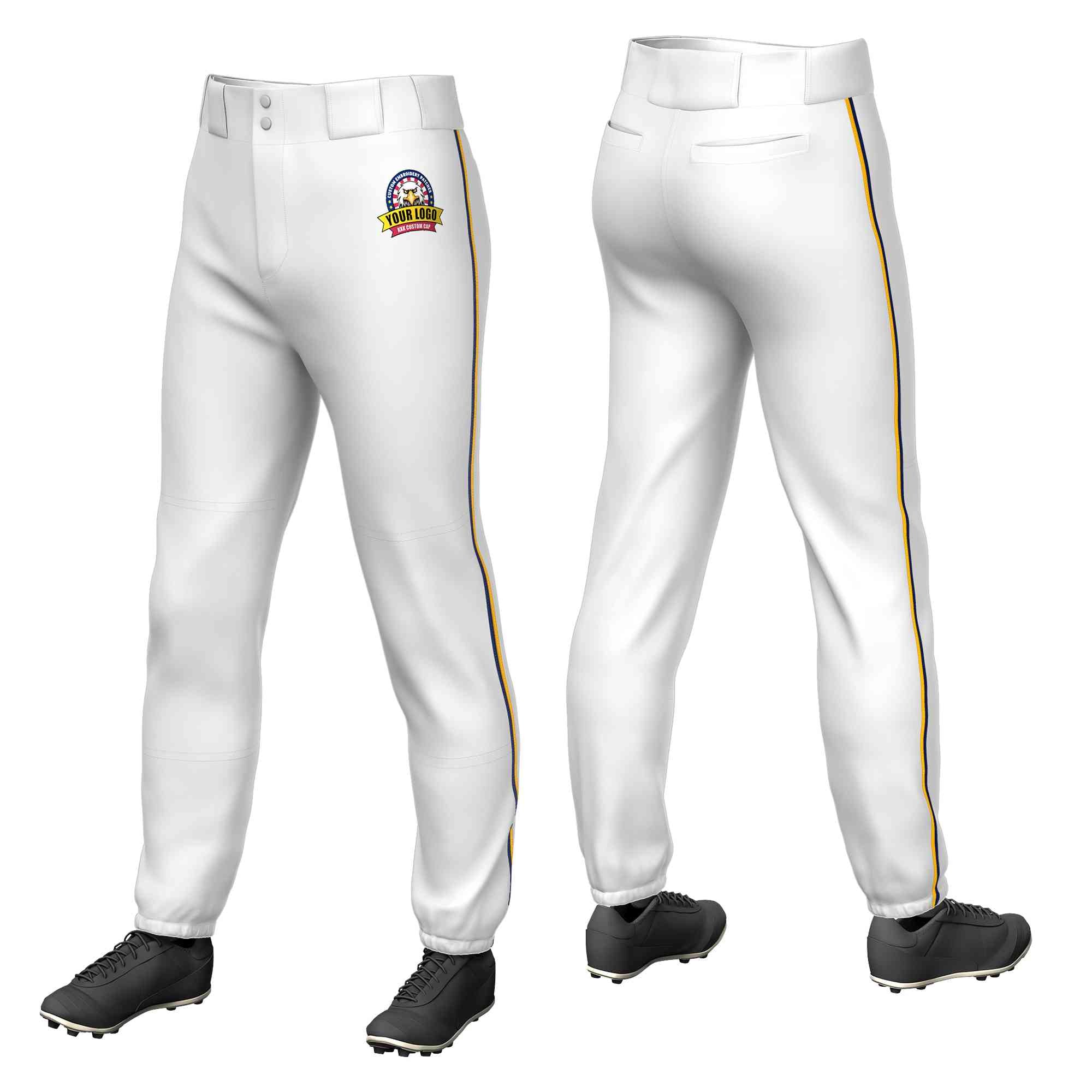 Custom White Navy-Yellow Classic Fit Stretch Practice Pull-up Baseball Pants