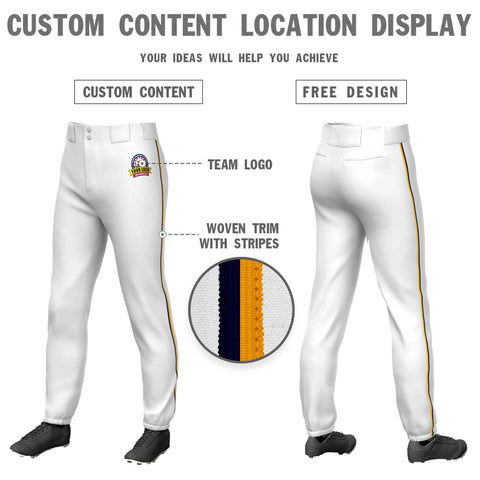 Custom White Navy-Yellow Classic Fit Stretch Practice Pull-up Baseball Pants