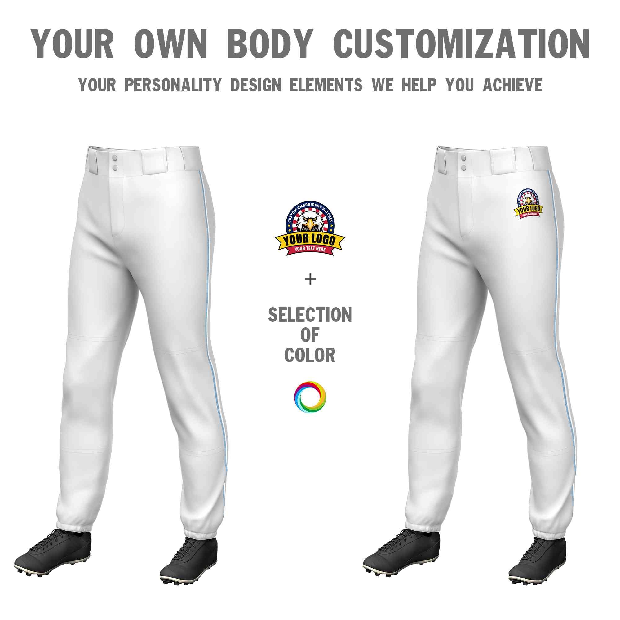 Custom White Light Blue-White Classic Fit Stretch Practice Pull-up Baseball Pants