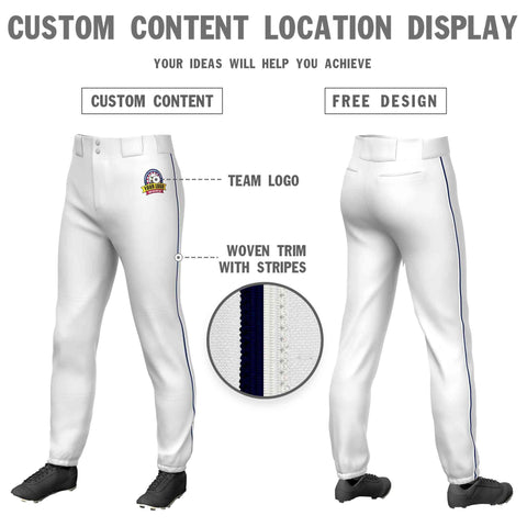 Custom White Navy-White Classic Fit Stretch Practice Pull-up Baseball Pants