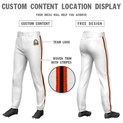 Custom White Orange Black-Orange Classic Fit Stretch Practice Pull-up Baseball Pants