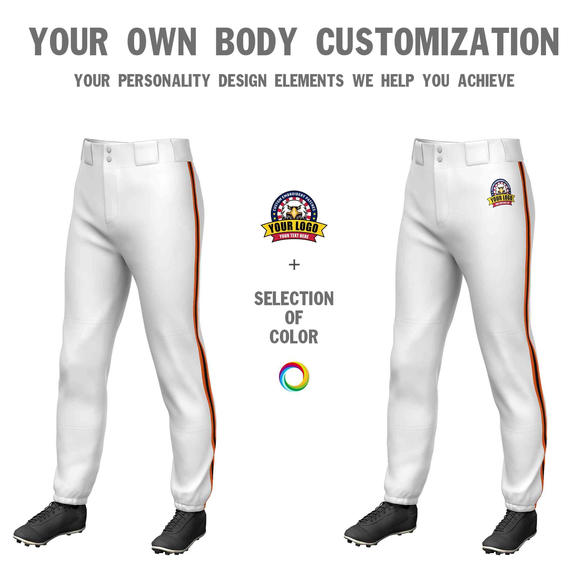 Custom White Orange Black-Orange Classic Fit Stretch Practice Pull-up Baseball Pants