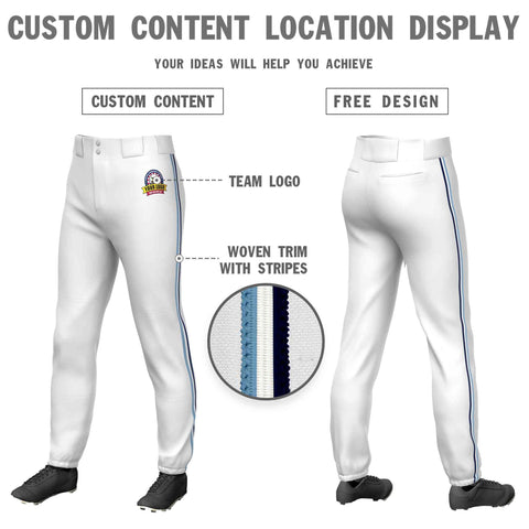 Custom White Powder Blue White-Navy Classic Fit Stretch Practice Pull-up Baseball Pants