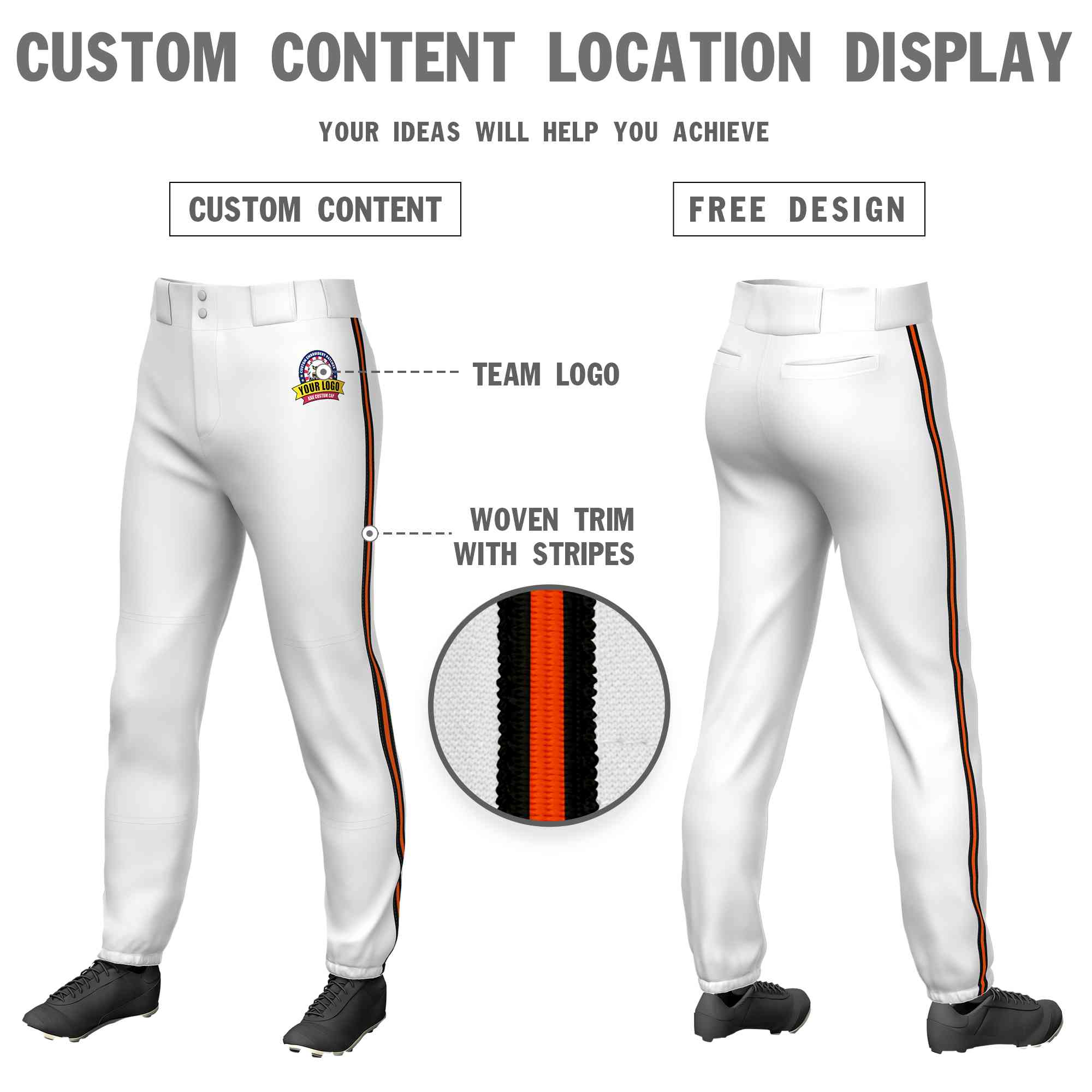 Custom White Black Orange-Black Classic Fit Stretch Practice Pull-up Baseball Pants