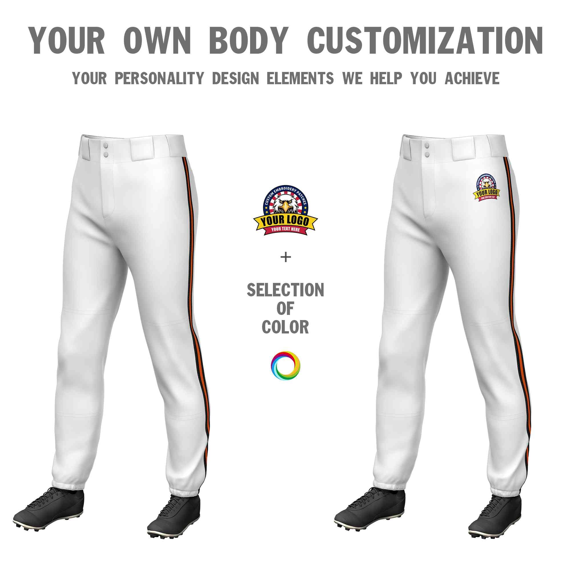 Custom White Black Orange-Black Classic Fit Stretch Practice Pull-up Baseball Pants