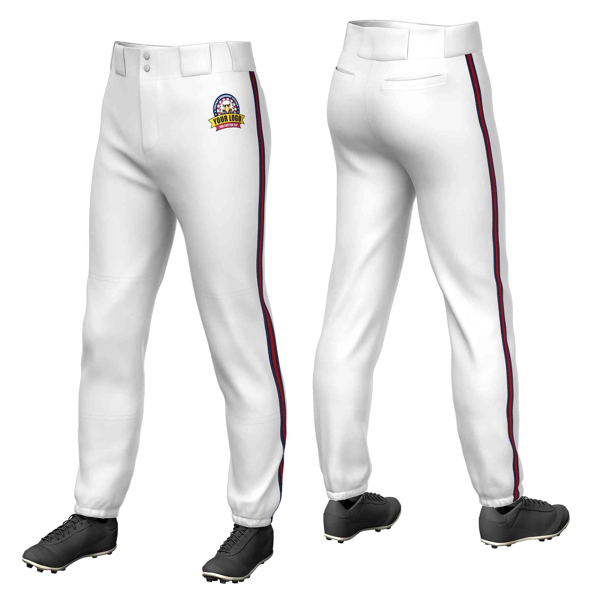 Custom White Navy Red-Navy Classic Fit Stretch Practice Pull-up Baseball Pants