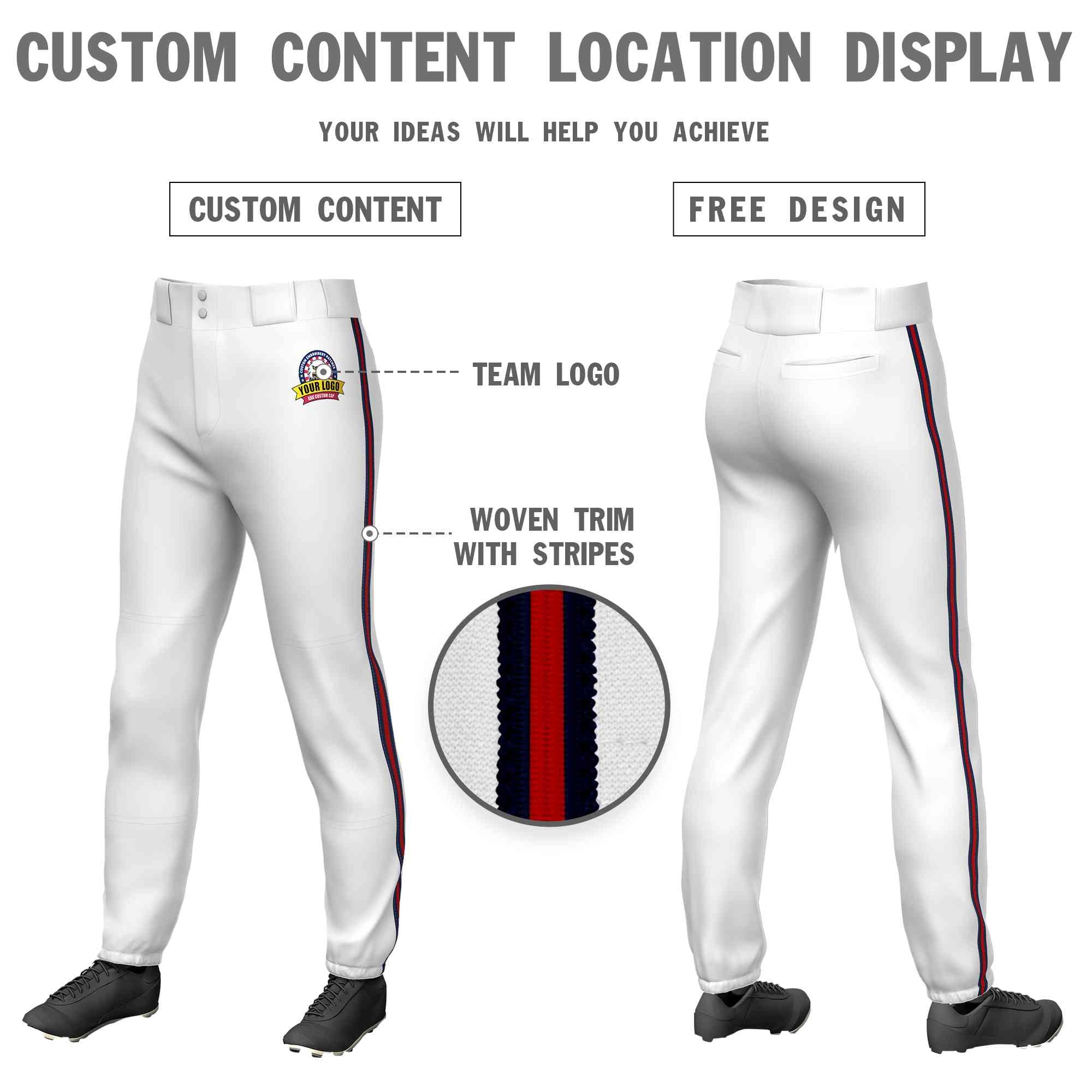 Custom White Navy Red-Navy Classic Fit Stretch Practice Pull-up Baseball Pants