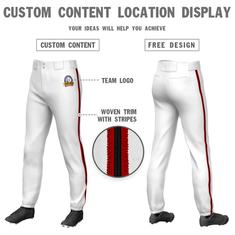 Custom White Red Black-Red Classic Fit Stretch Practice Pull-up Baseball Pants