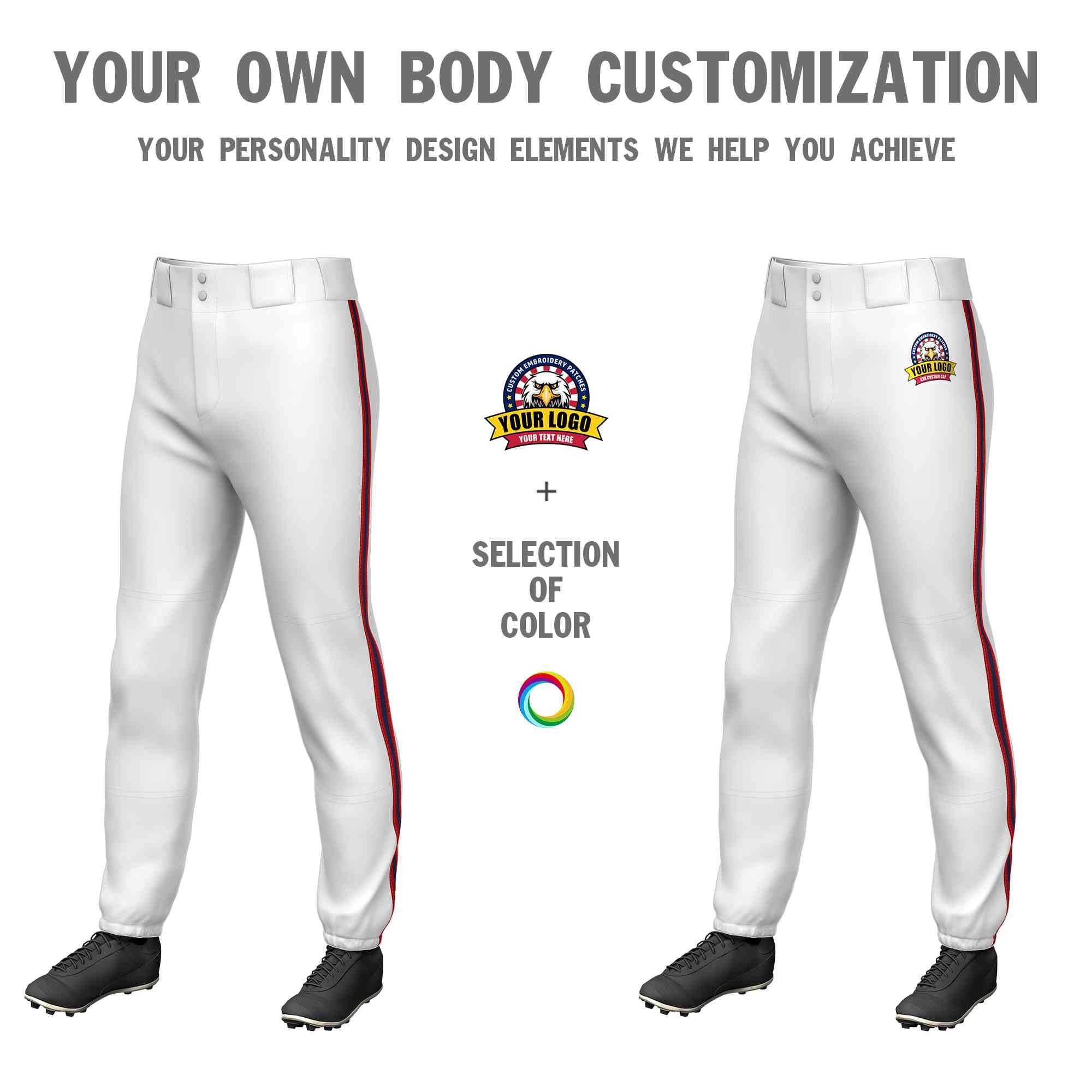 Custom White Red Navy-Red Classic Fit Stretch Practice Pull-up Baseball Pants