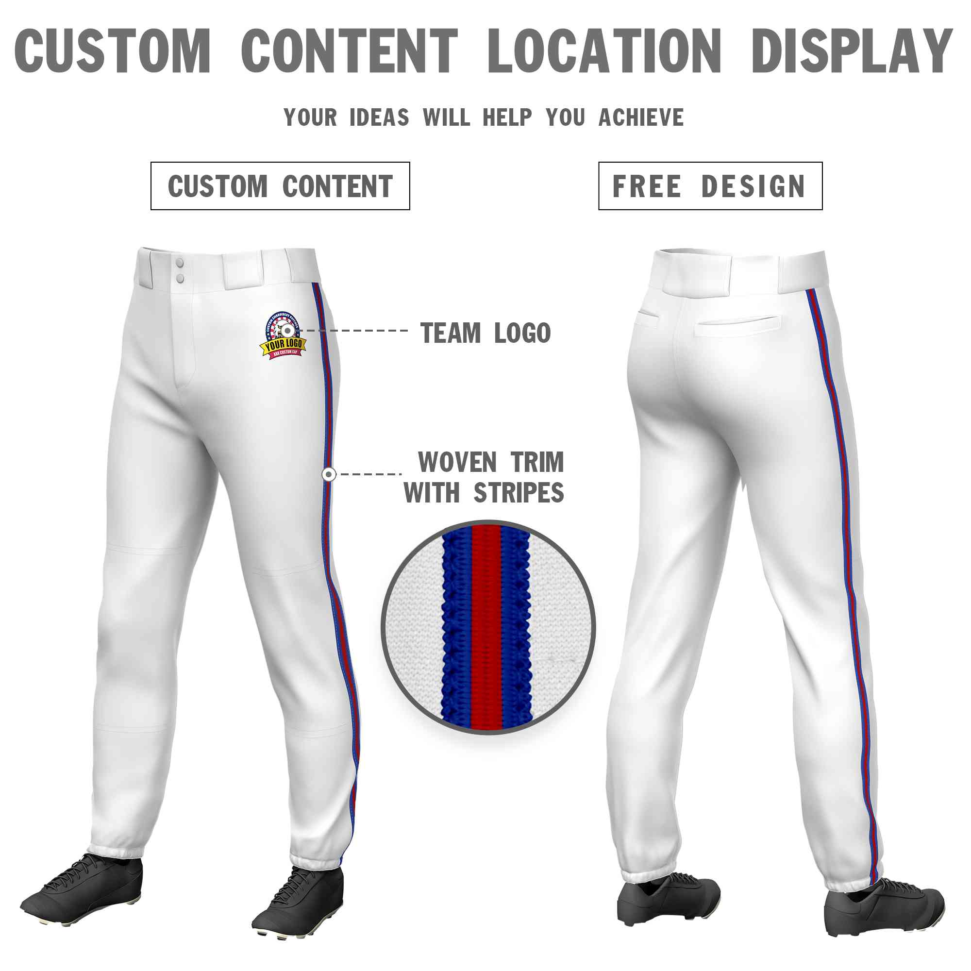 Custom White Royal Red-Royal Classic Fit Stretch Practice Pull-up Baseball Pants