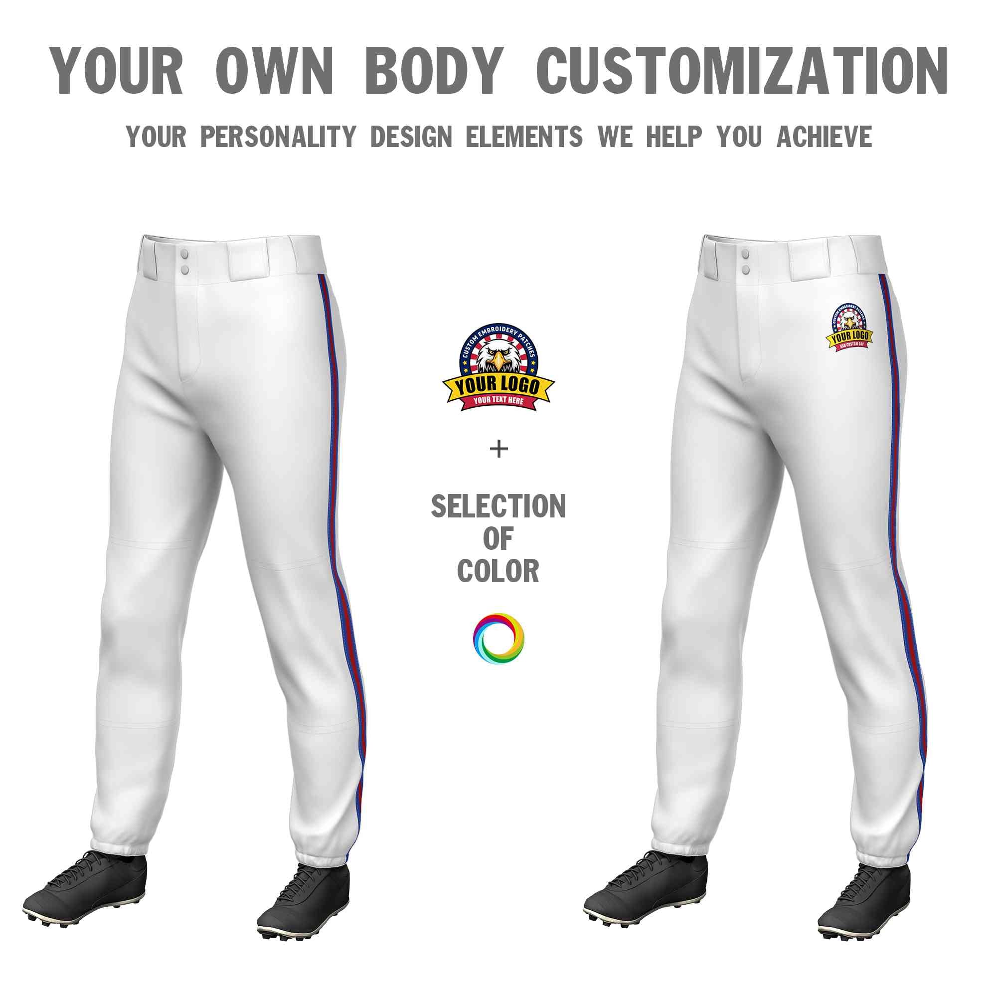 Custom White Royal Red-Royal Classic Fit Stretch Practice Pull-up Baseball Pants