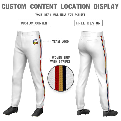 Custom White Navy Gold-Red Classic Fit Stretch Practice Pull-up Baseball Pants