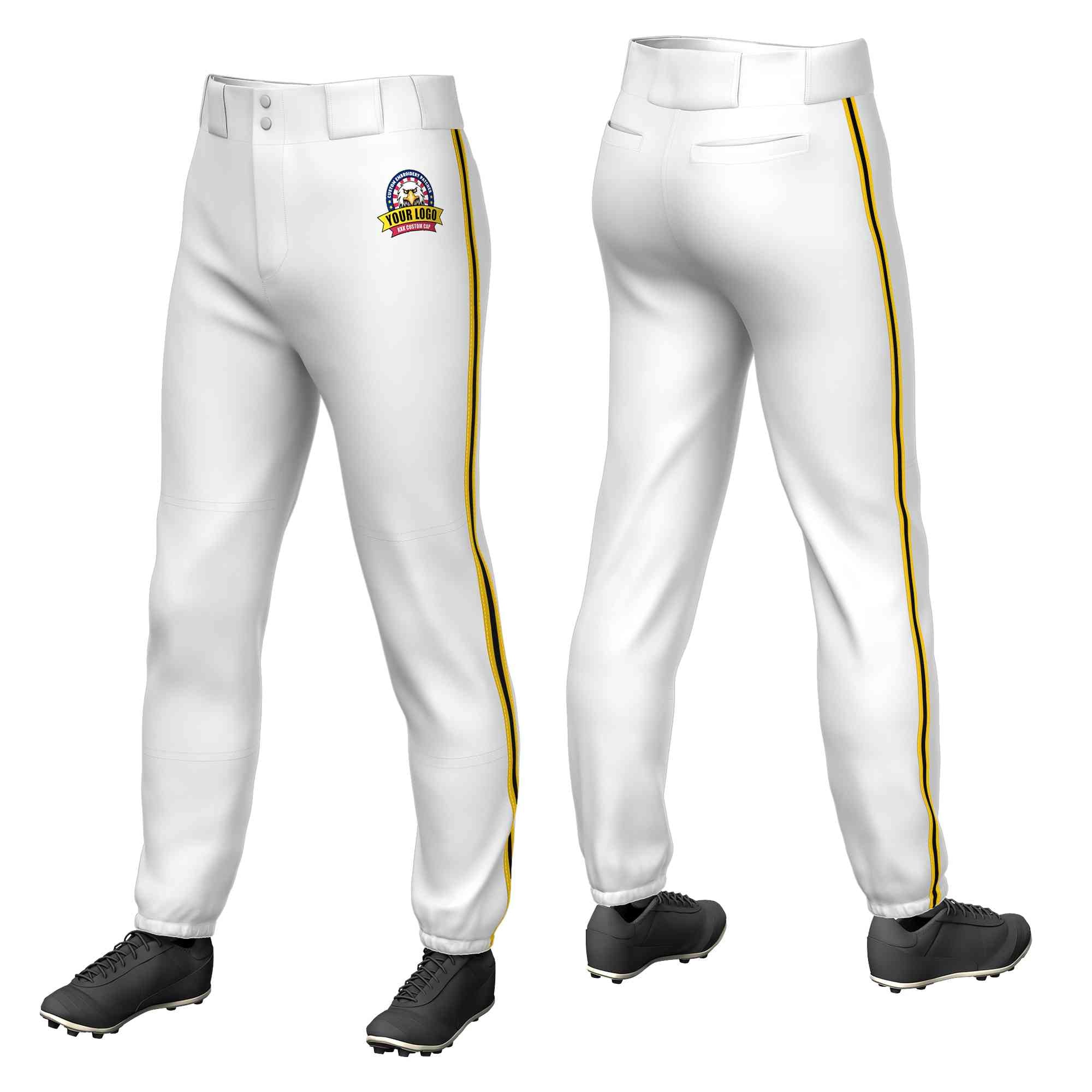 Custom White Gold Black-Gold Classic Fit Stretch Practice Pull-up Baseball Pants