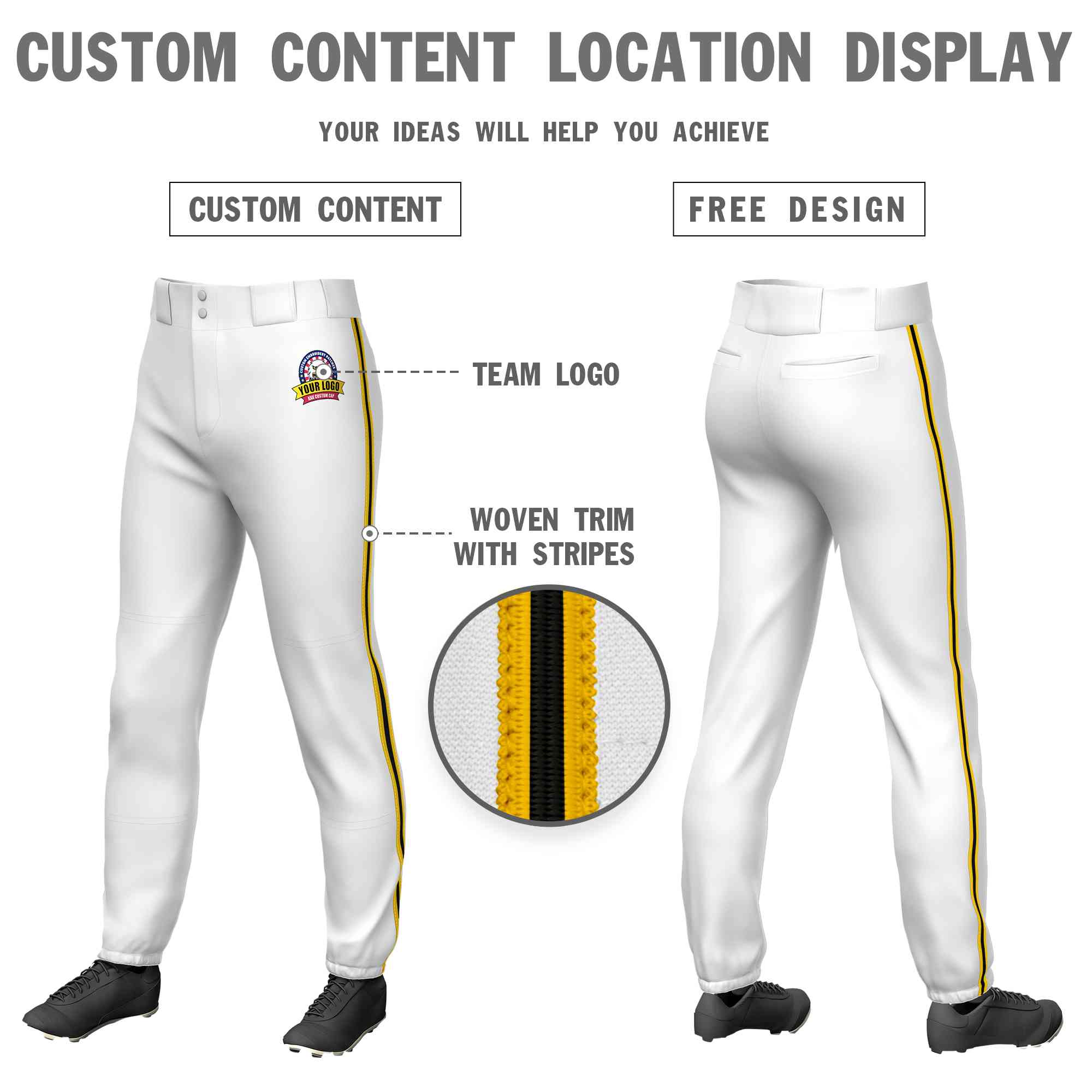 Custom White Gold Black-Gold Classic Fit Stretch Practice Pull-up Baseball Pants