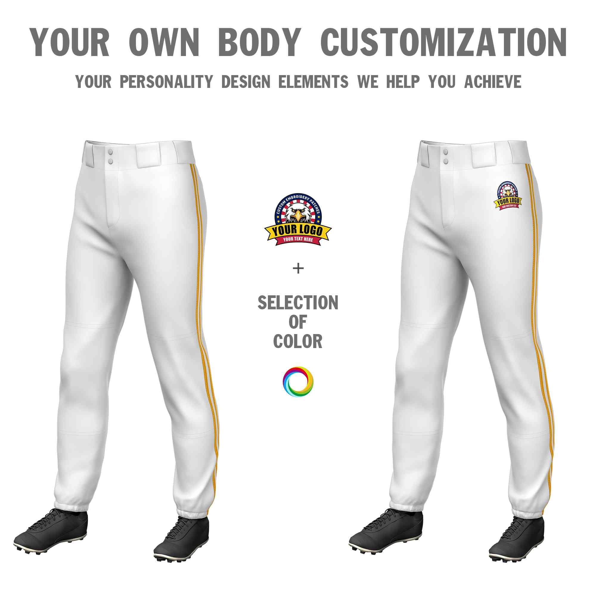 Custom White Yellow White-Yellow Classic Fit Stretch Practice Pull-up Baseball Pants